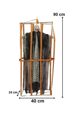 Cadılar Bayramı Siyah Askılı Kafesli Korku Figürü – Sesli Hareketli Işıklı Halloween Dekoru 90 cm