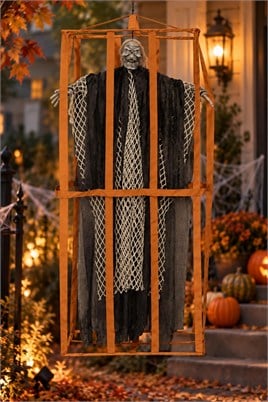 Cadılar Bayramı Siyah Askılı Kafesli Korku Figürü – Sesli Hareketli Işıklı Halloween Dekoru 90 cm