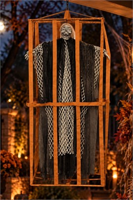 Cadılar Bayramı Siyah Askılı Kafesli Korku Figürü – Sesli Hareketli Işıklı Halloween Dekoru 90 cm