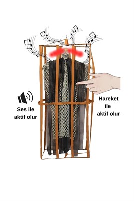 Cadılar Bayramı Siyah Askılı Kafesli Korku Figürü – Sesli Hareketli Işıklı Halloween Dekoru 90 cm