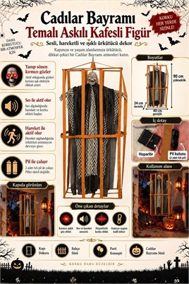 Cadılar Bayramı Siyah Askılı Kafesli Korku Figürü – Sesli Hareketli Işıklı Halloween Dekoru 90 cm