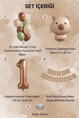 Capybara Temalı 1 Yaş Doğum Günü Balon Süsleme Seti – Karamel Doğal Ton Parti Seti