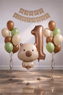 Capybara Temalı 1 Yaş Doğum Günü Balon Süsleme Seti – Karamel Doğal Ton Parti Seti