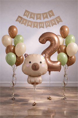 Capybara Temalı 2 Yaş Doğum Günü Balon Süsleme Seti – Karamel Doğal Ton Parti Seti