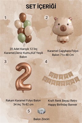 Capybara Temalı 2 Yaş Doğum Günü Balon Süsleme Seti – Karamel Doğal Ton Parti Seti