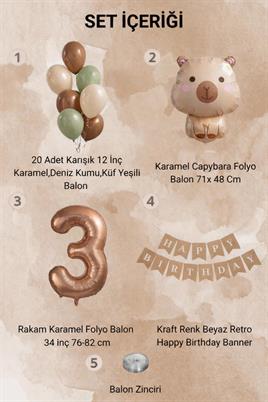 Capybara Temalı 3 Yaş Doğum Günü Balon Süsleme Seti – Karamel Doğal Ton Parti Seti