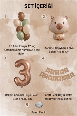 Capybara Temalı 3 Yaş Doğum Günü Balon Süsleme Seti – Karamel Doğal Ton Parti Seti