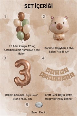 Capybara Temalı 3 Yaş Doğum Günü Balon Süsleme Seti – Karamel Doğal Ton Parti Seti