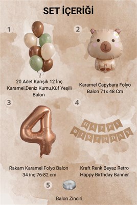 Capybara Temalı 4 Yaş Doğum Günü Balon Süsleme Seti – Karamel Doğal Ton Parti Seti
