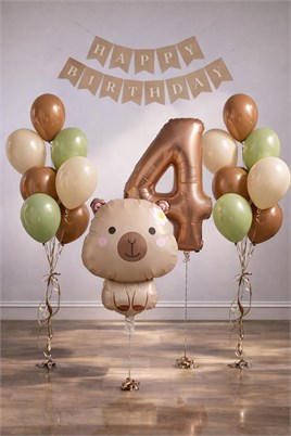Capybara Temalı 4 Yaş Doğum Günü Balon Süsleme Seti – Karamel Doğal Ton Parti Seti