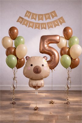 Capybara Temalı 5 Yaş Doğum Günü Balon Süsleme Seti – Karamel Doğal Ton Parti Seti