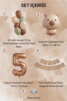 Capybara Temalı 5 Yaş Doğum Günü Balon Süsleme Seti – Karamel Doğal Ton Parti Seti