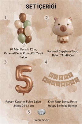 Capybara Temalı 5 Yaş Doğum Günü Balon Süsleme Seti – Karamel Doğal Ton Parti Seti