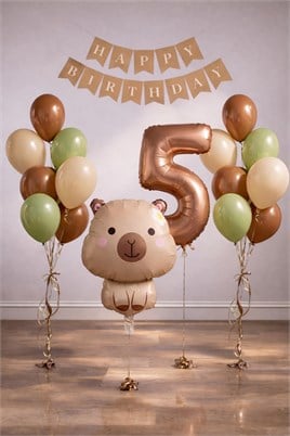 Capybara Temalı 5 Yaş Doğum Günü Balon Süsleme Seti – Karamel Doğal Ton Parti Seti