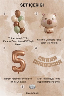 Capybara Temalı 5 Yaş Doğum Günü Balon Süsleme Seti – Karamel Doğal Ton Parti Seti