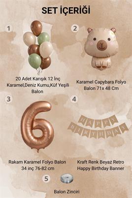 Capybara Temalı 6 Yaş Doğum Günü Balon Süsleme Seti – Karamel Doğal Ton Parti Seti