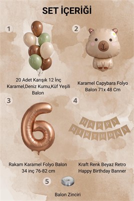 Capybara Temalı 6 Yaş Doğum Günü Balon Süsleme Seti – Karamel Doğal Ton Parti Seti