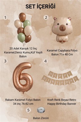 Capybara Temalı 6 Yaş Doğum Günü Balon Süsleme Seti – Karamel Doğal Ton Parti Seti