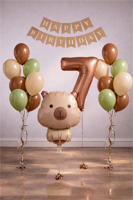 Capybara Temalı 7 Yaş Doğum Günü Balon Süsleme Seti – Karamel Doğal Ton Parti Seti