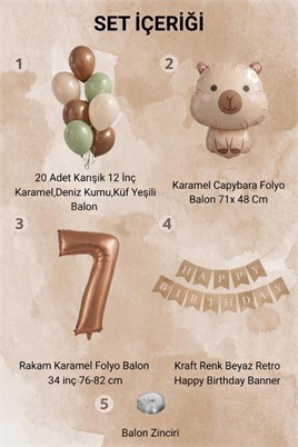 Capybara Temalı 7 Yaş Doğum Günü Balon Süsleme Seti – Karamel Doğal Ton Parti Seti