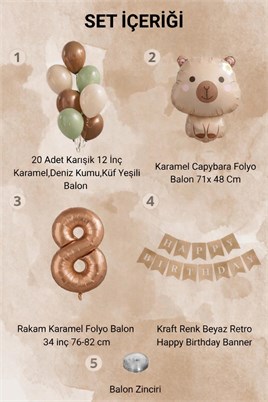 Capybara Temalı 8 Yaş Doğum Günü Balon Süsleme Seti – Karamel Doğal Ton Parti Seti
