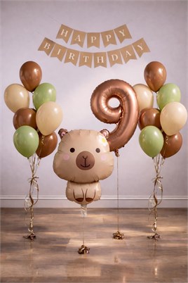 Capybara Temalı 9 Yaş Doğum Günü Balon Süsleme Seti – Karamel Doğal Ton Parti Seti