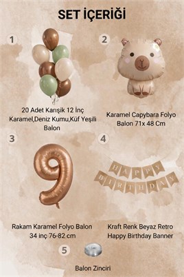 Capybara Temalı 9 Yaş Doğum Günü Balon Süsleme Seti – Karamel Doğal Ton Parti Seti
