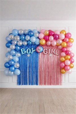 Cinsiyet Belirleme Parti Seti; Fon Perde Folyo Balon Ve Balon Zincir Seti Konsept 1 