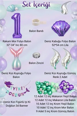 Deniz Kızı Temalı 1 Yaş Doğum Günü Balon Süsleme Seti – Mor Lila Parti Dekorasyon Seti