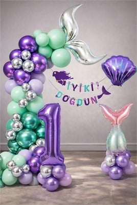 Deniz Kızı Temalı 1 Yaş Doğum Günü Balon Süsleme Seti – Mor Lila Parti Dekorasyon Seti