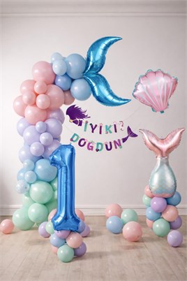 Deniz Kızı Temalı 1 Yaş Doğum Günü Balon Süsleme Seti – Pastel Renkli Parti Dekorasyon Seti
