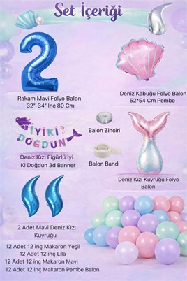 Deniz Kızı Temalı 2 Yaş Doğum Günü Balon Süsleme Seti – Pastel Renkli Parti Dekorasyon Seti