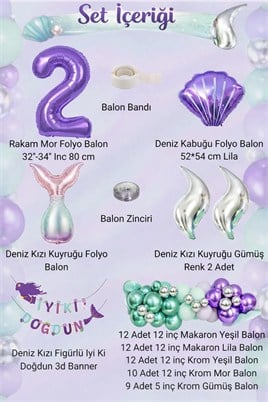 Deniz Kızı Temalı 2 Yaş Doğum Günü Balon Süsleme Seti – Mor Lila Parti Dekorasyon Seti