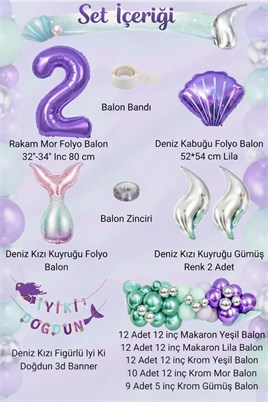 Deniz Kızı Temalı 2 Yaş Doğum Günü Balon Süsleme Seti – Mor Lila Parti Dekorasyon Seti