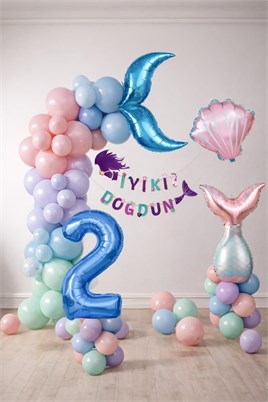 Deniz Kızı Temalı 2 Yaş Doğum Günü Balon Süsleme Seti – Pastel Renkli Parti Dekorasyon Seti
