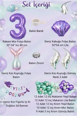 Deniz Kızı Temalı 3 Yaş Doğum Günü Balon Süsleme Seti – Mor Lila Parti Dekorasyon Seti