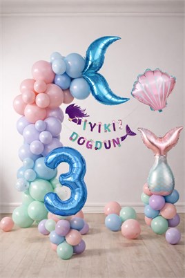 Deniz Kızı Temalı 3 Yaş Doğum Günü Balon Süsleme Seti – Pastel Renkli Parti Dekorasyon Seti