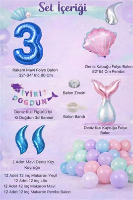 Deniz Kızı Temalı 3 Yaş Doğum Günü Balon Süsleme Seti – Pastel Renkli Parti Dekorasyon Seti