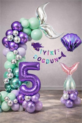 Deniz Kızı Temalı 5 Yaş Doğum Günü Balon Süsleme Seti – Mor Lila Parti Dekorasyon Seti