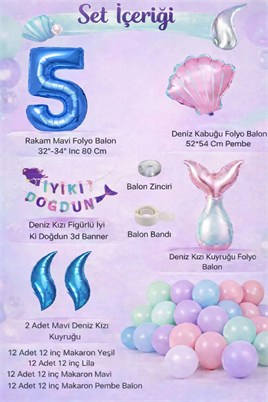Deniz Kızı Temalı 5 Yaş Doğum Günü Balon Süsleme Seti – Pastel Renkli Parti Dekorasyon Seti