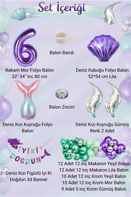 Deniz Kızı Temalı 6 Yaş Doğum Günü Balon Süsleme Seti – Mor Lila Parti Dekorasyon Seti