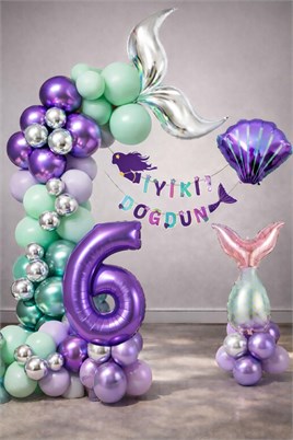 Deniz Kızı Temalı 6 Yaş Doğum Günü Balon Süsleme Seti – Mor Lila Parti Dekorasyon Seti