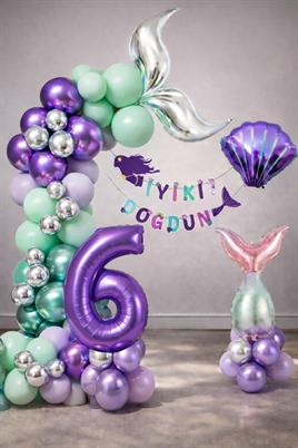 Deniz Kızı Temalı 6 Yaş Doğum Günü Balon Süsleme Seti – Mor Lila Parti Dekorasyon Seti