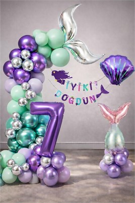 Deniz Kızı Temalı 7 Yaş Doğum Günü Balon Süsleme Seti – Mor Lila Parti Dekorasyon Seti