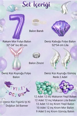 Deniz Kızı Temalı 7 Yaş Doğum Günü Balon Süsleme Seti – Mor Lila Parti Dekorasyon Seti