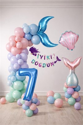 Deniz Kızı Temalı 7 Yaş Doğum Günü Balon Süsleme Seti – Pastel Renkli Parti Dekorasyon Seti