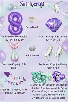 Deniz Kızı Temalı 8 Yaş Doğum Günü Balon Süsleme Seti – Mor Lila Parti Dekorasyon Seti