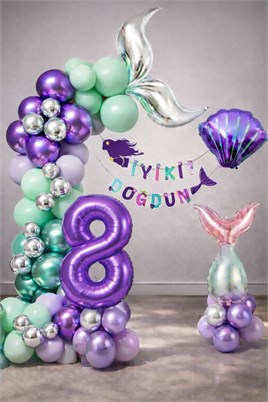 Deniz Kızı Temalı 8 Yaş Doğum Günü Balon Süsleme Seti – Mor Lila Parti Dekorasyon Seti