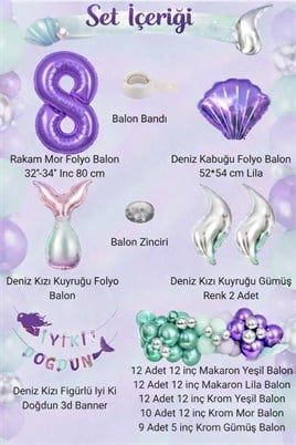 Deniz Kızı Temalı 8 Yaş Doğum Günü Balon Süsleme Seti – Mor Lila Parti Dekorasyon Seti
