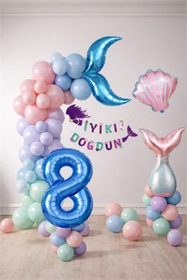 Deniz Kızı Temalı 8 Yaş Doğum Günü Balon Süsleme Seti – Pastel Renkli Parti Dekorasyon Seti